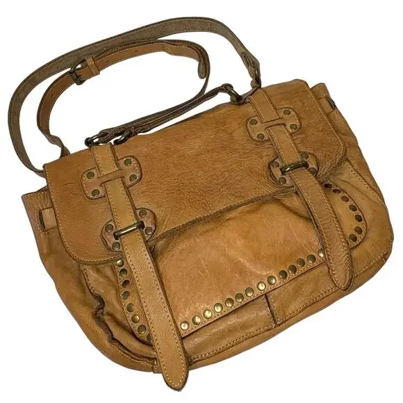 Patricia Nash Leather Studded Messenger Shoulder Bag Camel - Picture 1 of 16